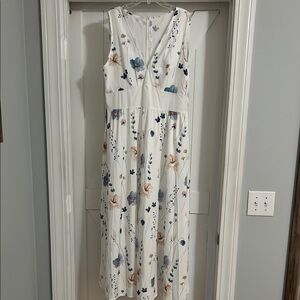 Floral Sleeveless Maxi Dress - White with Blue and Peach Accents